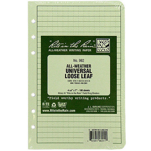 Rite in the Rain All-Weather Tactical Green Universal Loose Leaf Binder Sheets - 100 Sheet Pack